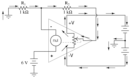 modelul amplificator - potentiometru/detector de nul; calea curentului prin circuit