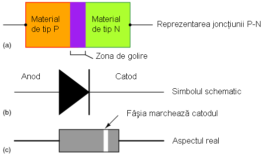 reprezentarea diodei: (a) jonctiunea P-N; (b) simbolul schematic; (c) aspectul real al diodei
