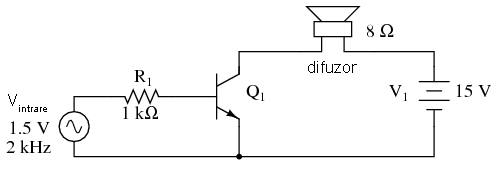 amplificator cu tranzistor in conexiune emitor comun legat la difuzor si actionat cu ajutorul unui semnal audio; circuitul practic