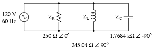 circuit electric RLC paralel - impedantele componentelor