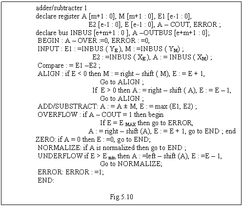 Text Box: adder/subtracter 1
declare register A [m+1 : 0], M [m+1 : 0], E1 [e-1 : 0],
 E2 [e-1 : 0], E [e-1 : 0], A - COUT, ERROR ;
declare bus INBUS [e+m+1 : 0 ], A -OUTBUS [e+m+1 : 0];
 BEGIN : A - OVER :=0, ERROR : =0,
 INPUT : E1 : =INBUS ( YE ), M : =INBUS ( YM) ;
 E2 : =INBUS ( XE ), A : = INBUS ( XM) ;
 Compare : = E1 -E2 ;
 ALIGN : if E < 0 then M : = right - shift ( M), E : = E + 1,
 Go to ALIGN ;
 If E > 0 then A : = right - shift ( A), E : = E - 1, 
 Go to ALIGN ;
 ADD/SUBSTRACT: A : = A  M, E : = max (E1, E2) ;
 OVERFLOW : if A - COUT = 1 then begin
 If E = E MAX then go to ERROR,
 A : = right - shift (A), E : = E + 1, go to END ; end
ZERO: if A = 0 then E : =0, go to END;
 NORMALIZE: if A is normalized then go to END ;
 UNDERFLOW if E > E min then A : =left - shift (A), E : =E - 1, 
 Go to NORMALIZE;
 ERROR: ERROR : =1;
 END:

Fig.5.10

