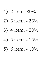 Text Box: 1)	2 itemi-30%
2)	3 itemi - 25%
3)	4 itemi - 20%
4)	5 itemi - 15%
5)	6 itemi - 10%
