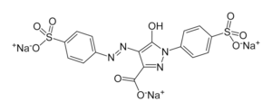Chemical structure of tartrazine, C16H9N4Na3O9S2