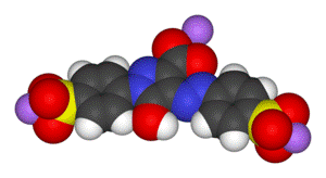 Space-filling model of tartrazine - the sodium ions are shown in purple.