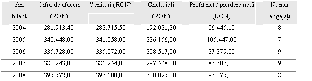 Text Box: An bilant Cifra de afaceri (RON) Venituri (RON) Cheltuieli (RON) Profit net / pierdere neta (RON) Numar angajati
2004 281.913,40 282.715,50 192.021,30 86.445,10 8
2005 340.448,00 341.858,00 226.156,00 105.447,00 7
2006 335.728,00 335.872,00 288.517,00 37.279,00 9
2007 380.243,00 381.254,00 297.548,00 83.706,00 9
2008 395.572,00 397.100,00 300.025,00 97.075,00
, 8
2008 596.066,00 596.919,00 455.425,00 118.855,00 4
