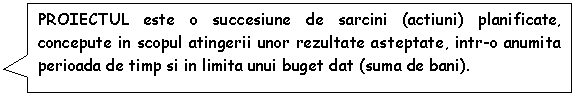 Rectangular Callout: PROIECTUL este o succesiune de sarcini (actiuni) planificate, concepute in scopul atingerii unor rezultate asteptate, intr-o anumita perioada de timp si in limita unui buget dat (suma de bani).