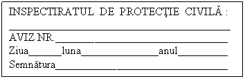 Text Box: INSPECTIRATUL DE PROTECTIE CIVILA : __________ ______ ____ _________
AVIZ NR.__________ ______ ____ 
Ziua______luna______________anul_________
Semnatura__________ ______ ____ 
