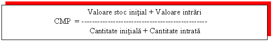 Text Box: Valoare stoc initial + Valoare intrari
 CMP = -------- ----- ------ ----- ----- ----- 
 Cantitate initiala + Cantitate intrata
