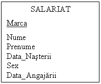 Text Box: SALARIAT
Marca
Nume
Prenume
Data_Nasterii
Sex
Data_Angajarii
Functie




