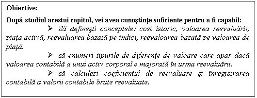 Text Box: Obiective:
Dupa studiul acestui capitol, vei avea cunostinte suficiente pentru a fi capabil:
 Sa definesti conceptele: cost istoric, valoarea reevaluarii, piata activa, reevaluarea bazata pe indici, reevaloarea bazata pe valoarea de piata.
 sa enumeri tipurile de diferente de valoare care apar daca valoarea contabila a unui activ corporal e majorata in urma reevaluarii.
 sa calculezi coeficientul de reevaluare si inregistrarea contabila a valorii contabile brute reevaluate.

