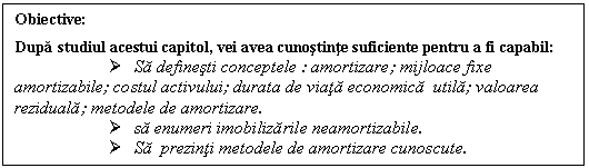 Text Box: Obiective:
Dupa studiul acestui capitol, vei avea cunostinte suficiente pentru a fi capabil:
 Sa definesti conceptele : amortizare; mijloace fixe amortizabile; costul activului; durata de viata economica utila; valoarea reziduala; metodele de amortizare.
 sa enumeri imobilizarile neamortizabile.
 Sa prezinti metodele de amortizare cunoscute.

