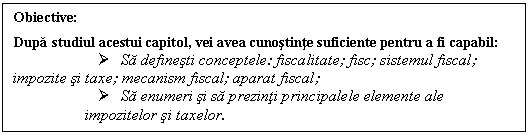 Text Box: Obiective:
Dupa studiul acestui capitol, vei avea cunostinte suficiente pentru a fi capabil:
 Sa definesti conceptele: fiscalitate; fisc; sistemul fiscal; impozite si taxe; mecanism fiscal; aparat fiscal;
 Sa enumeri si sa prezinti principalele elemente ale impozitelor si taxelor.

