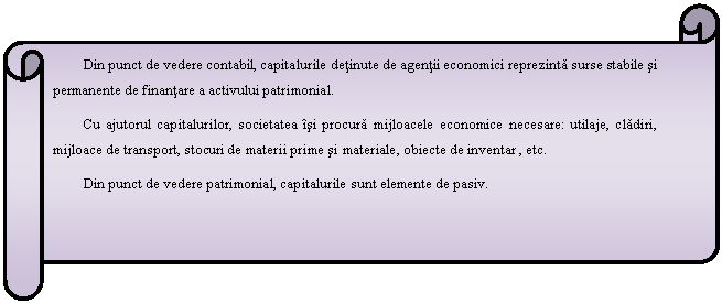 Horizontal Scroll: Din punct de vedere contabil, capitalurile detinute de agentii economici reprezinta surse stabile si permanente de finantare a activului patrimonial.
Cu ajutorul capitalurilor, societatea isi procura mijloacele economice necesare: utilaje, cladiri, mijloace de transport, stocuri de materii prime si materiale, obiecte de inventar , etc.
Din punct de vedere patrimonial, capitalurile sunt elemente de pasiv.

