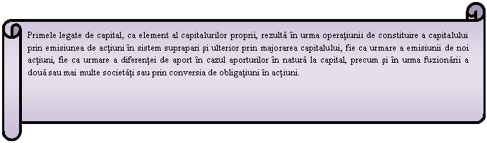 Horizontal Scroll: Primele legate de capital, ca element al capitalurilor proprii, rezulta in urma operatiunii de constituire a capitalului prin emisiunea de actiuni in sistem suprapari si ulterior prin majorarea capitalului, fie ca urmare a emisiunii de noi actiuni, fie ca urmare a diferentei de aport in cazul aporturilor in natura la capital, precum si in urma fuzionarii a doua sau mai multe societati sau prin conversia de obligatiuni in actiuni.

