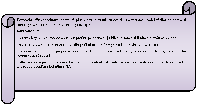 Horizontal Scroll: Rezervele din reevaluare reprezinta plusul sau minusul rezultat din reevaluarea imobilizarilor corporale si trebuie prezentate in bilant intr-un subpost separat.
Rezervele sunt:
- rezerve legale - constituite anual din profitul persoanelor juridice in cotele si limitele prevazute de lege
- rezerve statutare - constituite anual din profitul net conform prevederilor din statutul acesteia 
- rezerve pentru actiuni proprii - constituite din profitul net pentru sustinerea valorii de piata a actiunilor proprii cotate la bursa 
- alte reserve - pot fi constituite facultativ din profitul net pentru acoperirea pierderilor contabile sau pentru alte scopuri conform hotararii AGA

