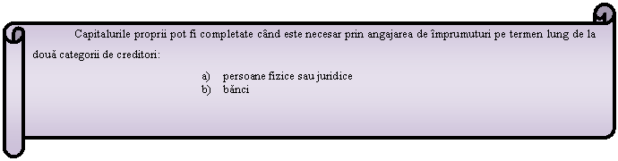 Horizontal Scroll: Capitalurile proprii pot fi completate cand este necesar prin angajarea de imprumuturi pe termen lung de la doua categorii de creditori:
a) persoane fizice sau juridice
b) banci

