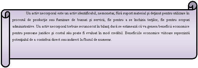 Horizontal Scroll: Un activ necorporal este un activ identificabil, nemonetar, fara suport material si detinut pentru utilizare in procesul de productie sau furnizare de bunuri si servicii, fie pentru a se inchiria tertilor, fie pentru scopuri administrative. Un activ necorporal trebuie recunoscut in bilant daca se estimeaza ca va genera beneficii economice pentru persoane juridice si costul sau poate fi evaluat in mod credibil. Beneficiile economice viitoare reprezinta potentialul de a contribui direct sau indirect la fluxul de numerar.

