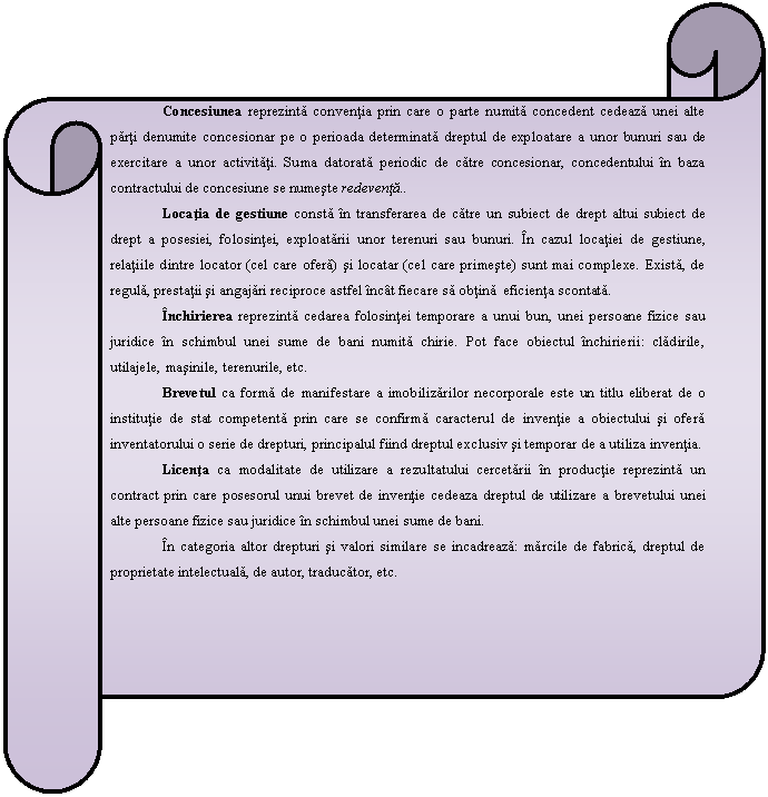 Horizontal Scroll: Concesiunea reprezinta conventia prin care o parte numita concedent cedeaza unei alte parti denumite concesionar pe o perioada determinata dreptul de exploatare a unor bunuri sau de exercitare a unor activitati. Suma datorata periodic de catre concesionar, concedentului in baza contractului de concesiune se numeste redeventa..
Locatia de gestiune consta in transferarea de catre un subiect de drept altui subiect de drept a posesiei, folosintei, exploatarii unor terenuri sau bunuri. In cazul locatiei de gestiune, relatiile dintre locator (cel care ofera) si locatar (cel care primeste) sunt mai complexe. Exista, de regula, prestatii si angajari reciproce astfel incat fiecare sa obtina eficienta scontata.
Inchirierea reprezinta cedarea folosintei temporare a unui bun, unei persoane fizice sau juridice in schimbul unei sume de bani numita chirie. Pot face obiectul inchirierii: cladirile, utilajele, masinile, terenurile, etc.
Brevetul ca forma de manifestare a imobilizarilor necorporale este un titlu eliberat de o institutie de stat competenta prin care se confirma caracterul de inventie a obiectului si ofera inventatorului o serie de drepturi, principalul fiind dreptul exclusiv si temporar de a utiliza inventia.
Licenta ca modalitate de utilizare a rezultatului cercetarii in productie reprezinta un contract prin care posesorul unui brevet de inventie cedeaza dreptul de utilizare a brevetului unei alte persoane fizice sau juridice in schimbul unei sume de bani.
In categoria altor drepturi si valori similare se incadreaza: marcile de fabrica, dreptul de proprietate intelectuala, de autor, traducator, etc.

