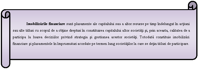 Horizontal Scroll: Imobilizarile financiare sunt plasamente ale capitalului sau a altor resurse pe timp indelungat in actiuni sau alte titluri cu scopul de a obtine drepturi in constituirea capitalului altor societati si, prin aceasta, calitatea de a participa la luarea deciziilor privind strategia si gestiunea acestor societati. Totodata constituie imobilizari financiare si plasamentele in imprumuturi acordate pe termen lung societatilor la care se detin titluri de participare.

