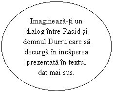 Oval: Imagineaza-ti un dialog intre Rasid si domnul Durru care sa decurga in incaperea prezentata in textul dat mai sus.

