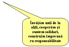 Rounded Rectangular Callout: Invatam unii de la altii, cooperam si suntem solidari, construim impreuna
cu responsabilitate   
