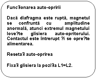 Flowchart: Alternate Process: Funcționarea auto-opririi

Daca diafragma este rupta, magnetul se confrunta cu amplitudine anormala, atunci extremul magnetului lovește glisiera auto-opritorului. Contactul este intrerupt și se oprește alimentarea. 

Resetați auto-oprirea

Fixați glisiera la poziția L1=L2.
