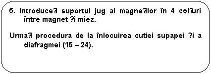 Rounded Rectangle: 5. Introduceți suportul jug al magneților in 4 colțuri intre magnet și miez.

Urmați procedura de la inlocuirea cutiei supapei și a diafragmei (15 - 24).
