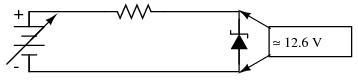 circuit de stabilizare a tensiunii cu dioda Zener; tensiunea Zener este de 12,6 V