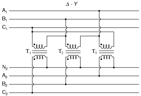 conectarea unui transformator trifazat in configuratie triunghi-stea - Δ-Y; exemplificare cu ajutorul a trei transformatoare monofazate echivalente