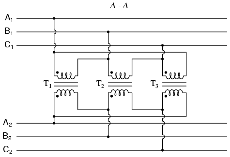 conectarea unui transformator trifazat in configuratie triunghi-triunghi - Δ-Δ; exemplificare cu ajutorul a trei transformatoare monofazate echivalente