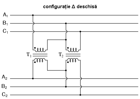 conectarea unui transformator trifazat in configuratie triunghi-triunghi deschisa- Δ-Δ; exemplificare cu ajutorul a doua transformatoare monofazate echivalente