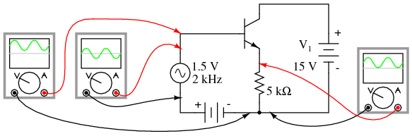 configuratia amplificatorului cu tranzistor in conexiune colector comun; conectarea osciloscoapelor pentru vizualizarea formelor de unda