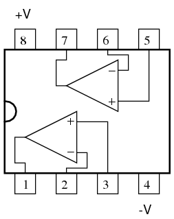 amplificator operational dual intr-un circuit integrat DIP cu 8 pini