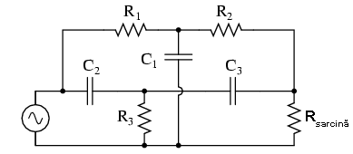 circuitul electric al filtrului stop-banda in configuratie T, format din conectarea in paralel a unui filtru trece-jos cu un filtru trece-sus
