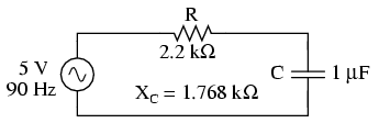 circuit electric alimentat printr-o combinatie de frecvente de 60 Hz, respectiv 90 Hz - analiza circuitului doar cu sursa de tensiune de 90 Hz