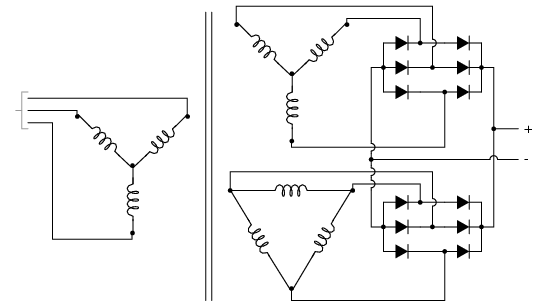 redresor polifazat dublu alternanta cu doua redresoare in punte conectate in paralel, folosind un transformator primar si doua secundare in configuratie Y-Y, respectiv Y-Δ