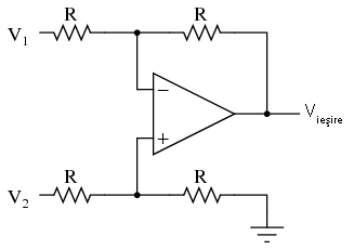 amplificator diferential folosind un AO cu divizoare de tensiune pe cele doua intrari