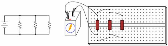 placa electronica de test - circuit paralel cu trei rezistori