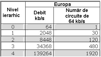 Text Box: Nivel
ierarhic Europa
 Debit
kb/s Numar de
circuite de
64 kb/s
0 64 1
1 2048 30
2 8448 120
3 34368 480
4 139264 1920
