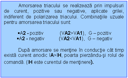 Text Box: Amorsarea triacului se realizeaza prin impulsuri de curent, pozitive sau negative, aplicate grilei, indiferent de polarizarea triacului. Combinatiile uzuale pentru amorsarea triacului sunt:

 A2 - pozitiv (VA2>VA1), G - pozitiv
 A2 - negativ (VA2<VA1), G - negativ

Dupa amorsare se mentine in conductie cat timp exista curent anodic IA>IH, poarta pierzandu-si rolul de comanda. (IH este curentul de mentinere).
