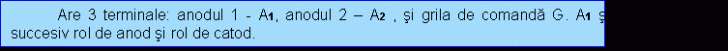 Text Box: Are 3 terminale: anodul 1 - A1, anodul 2 - A2 , si grila de comanda G. A1 si A2 indeplinesc succesiv rol de anod si rol de catod.