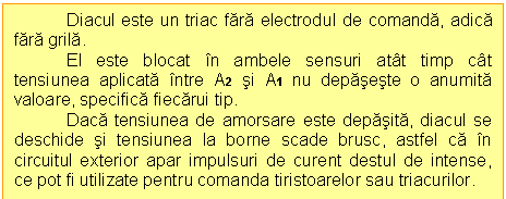 Text Box: Diacul este un triac fara electrodul de comanda, adica fara grila.
El este blocat in ambele sensuri atat timp cat tensiunea aplicata intre A2 si A1 nu depaseste o anumita valoare, specifica fiecarui tip.
Daca tensiunea de amorsare este depasita, diacul se deschide si tensiunea la borne scade brusc, astfel ca in circuitul exterior apar impulsuri de curent destul de intense, ce pot fi utilizate pentru comanda tiristoarelor sau triacurilor.

