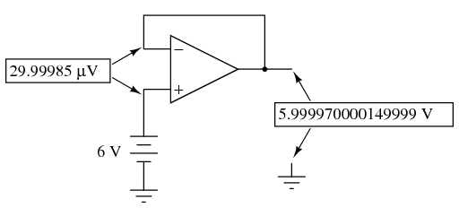 amplificator operational cu rectie negativa; diferenta de tensiune dintre cele doua intrari este foarte aproape de zero volti