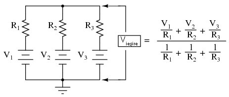circuit rezistiv de mediere a tensiunilor de intrare conform teoremei lui Millman