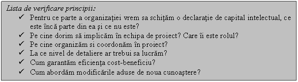 Text Box: Lista de verificare principii:
 Pentru ce parte a organizatiei vrem sa schitam o declaratie de capital intelectual, ce este inca parte din ea si ce nu este?
 Pe cine dorim sa implicam in echipa de proiect? Care ii este rolul?
 Pe cine organizam si coordonam in proiect?
 La ce nivel de detaliere ar trebui sa lucram?
 Cum garantam eficienta cost-beneficiu?
 Cum abordam modificarile aduse de noua cunoastere?
