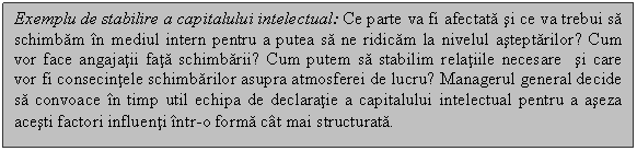 Text Box: Exemplu de stabilire a capitalului intelectual: Ce parte va fi afectata si ce va trebui sa schimbam in mediul intern pentru a putea sa ne ridicam la nivelul asteptarilor? Cum vor face angajatii fata schimbarii? Cum putem sa stabilim relatiile necesare si care vor fi consecintele schimbarilor asupra atmosferei de lucru? Managerul general decide sa convoace in timp util echipa de declaratie a capitalului intelectual pentru a aseza acesti factori influenti intr-o forma cat mai structurata.