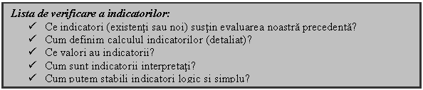 Text Box: Lista de verificare a indicatorilor:
 Ce indicatori (existenti sau noi) sustin evaluarea noastra precedenta?
 Cum definim calculul indicatorilor (detaliat)?
 Ce valori au indicatorii?
 Cum sunt indicatorii interpretati?
 Cum putem stabili indicatori logic si simplu?

