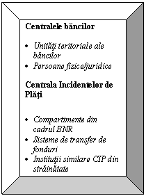 Bevel: Centralele bancilor

.	Unitati teritoriale ale bancilor
.	Persoane fizice/juridice

Centrala Incidentelor de Plati

.	Compartimente din cadrul BNR
.	Sisteme de transfer de fonduri
.	Institutii similare CIP din strainatate
