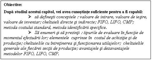 Text Box: Obiective:
Dupa studiul acestui capitol, vei avea cunostinte suficiente pentru a fi capabil:
 sa definesti conceptele : valoare de intrare, valoare de iesire, valoare de inventar; cheltuieli directe si indirecte; FIFO, LIFO, CMP; metoda costului standard, metoda identificarii specifice.
 Sa enumeri si sa prezinti : tipurile de evaluare in functie de momentul efectuarii lor; elementele cuprinse in costul de achizitie si de productie; cheltuielile cu intretinerea si functionarea utilajelor; cheltuielile generale ale fiecarei sectii de productie; avantajele si dezavantajele metodelor FIFO, LIFO, CMP.

