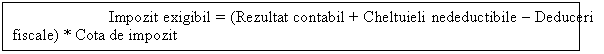 Text Box: Impozit exigibil = (Rezultat contabil + Cheltuieli nedeductibile - Deduceri fiscale) * Cota de impozit

